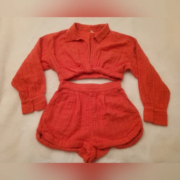 Free People Gauze Shorts And Crop Long Sleeve Top Two-Piece Set Size Small - Picture 4 of 11